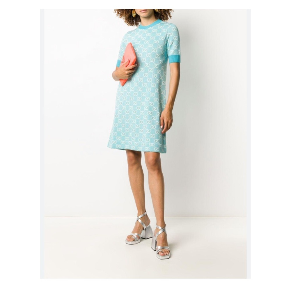 Gucci Aqua Blue Mini Dress with White GG Jacquard
